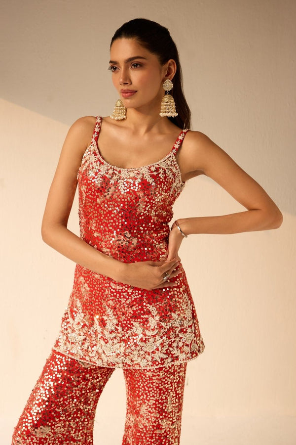 Red Printed Sequin Co-ord Kurta Set