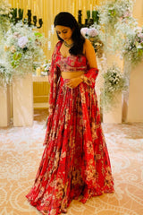 Red Floral Print Lehenga Set