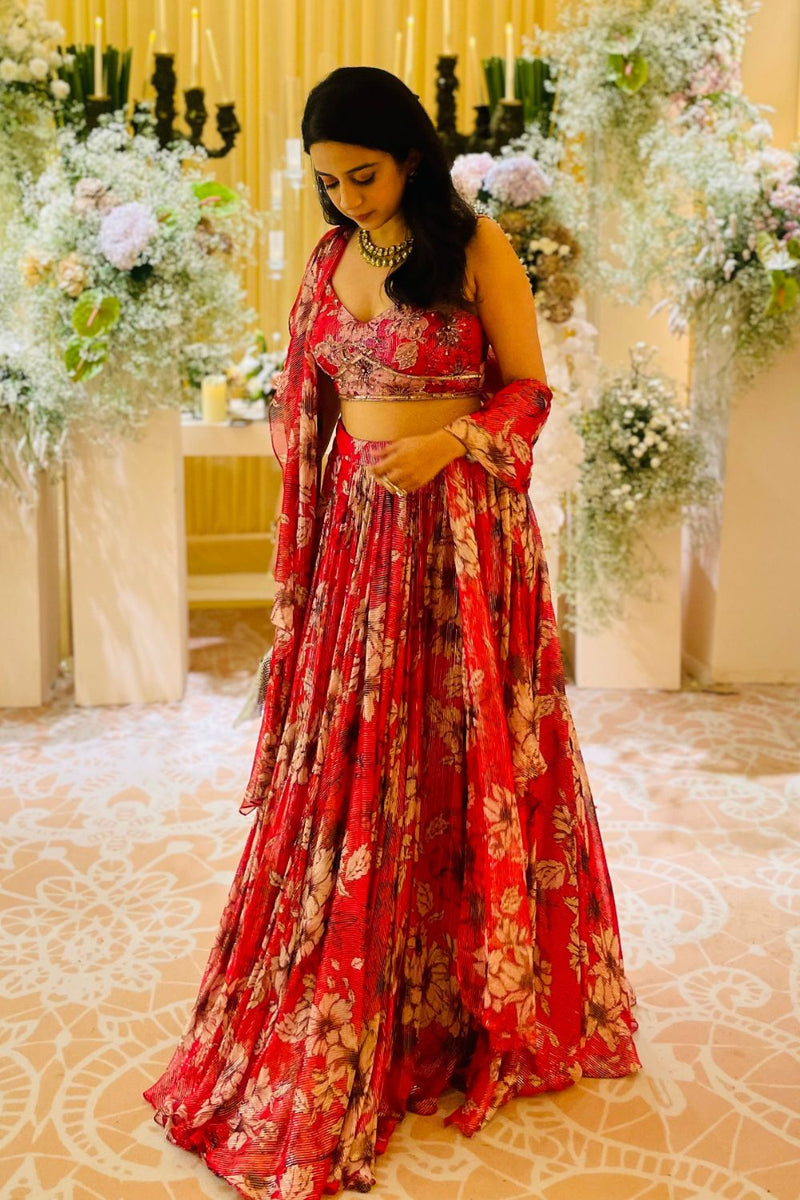 Red Floral Print Lehenga Set