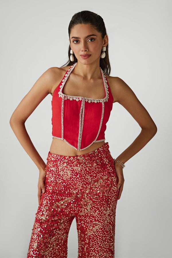 Red Corset With Printed Sequin Pants