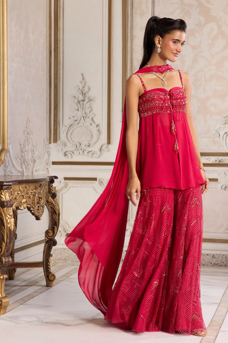 Magenta Flowy Peplum With Sharara Set