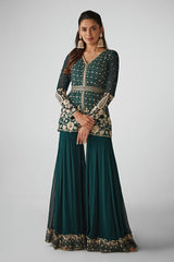 Green Aari Work Peplum and Sharara Set