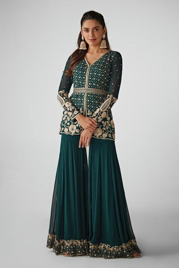 Green Aari Work Peplum and Sharara Set
