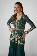 Green Aari Work Peplum and Sharara Set
