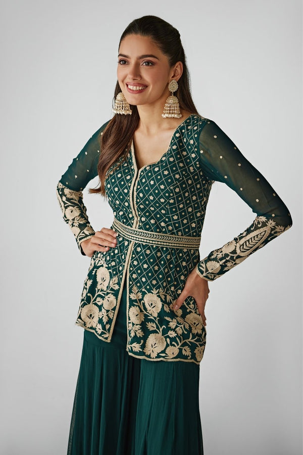 Green Aari Work Peplum and Sharara Set