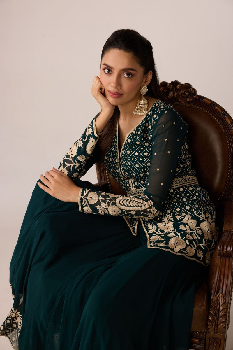 Green Aari Work Peplum and Sharara Set