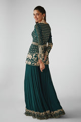 Green Aari Work Peplum and Sharara Set