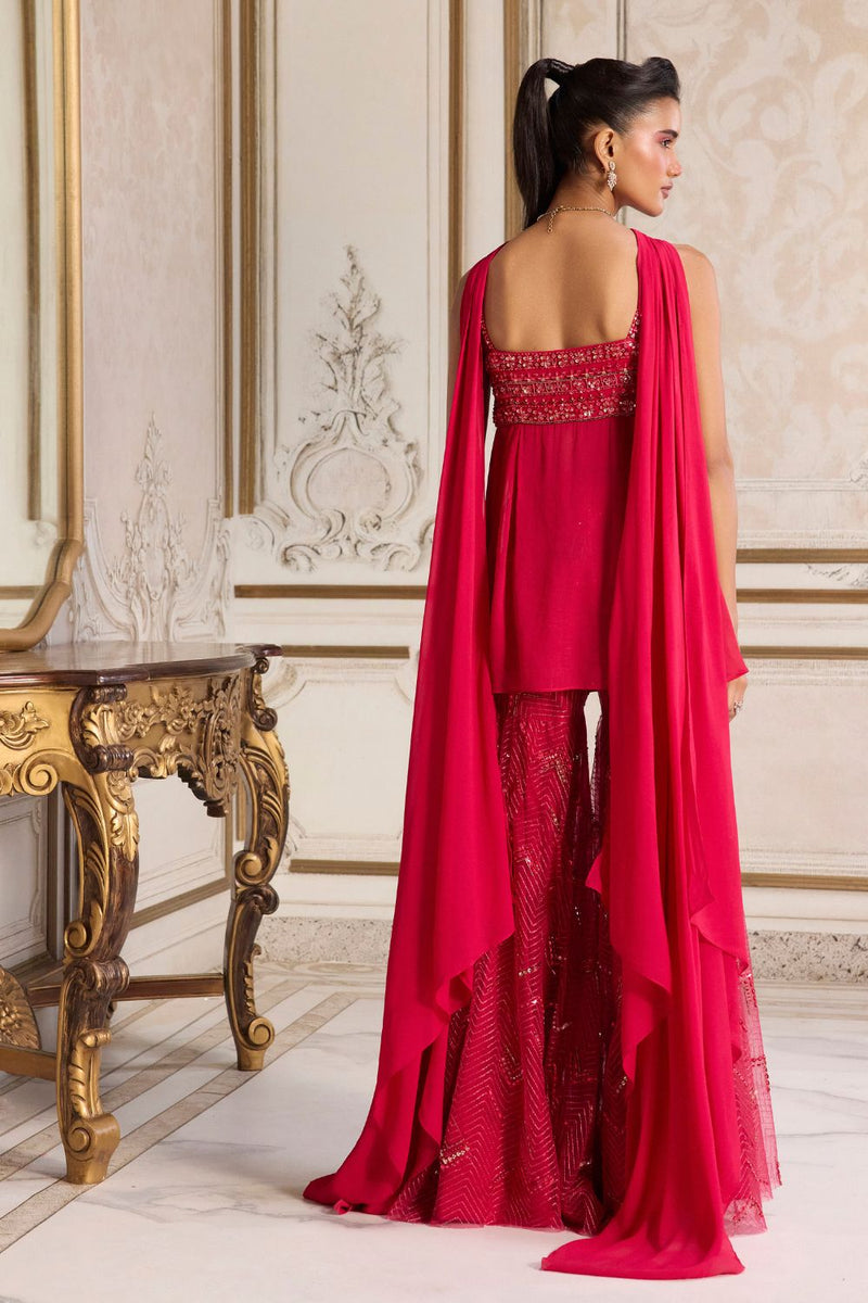 Magenta Flowy Peplum With Sharara Set