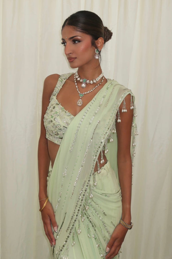 Kim Mann In Our Lime Green Stitched Saree