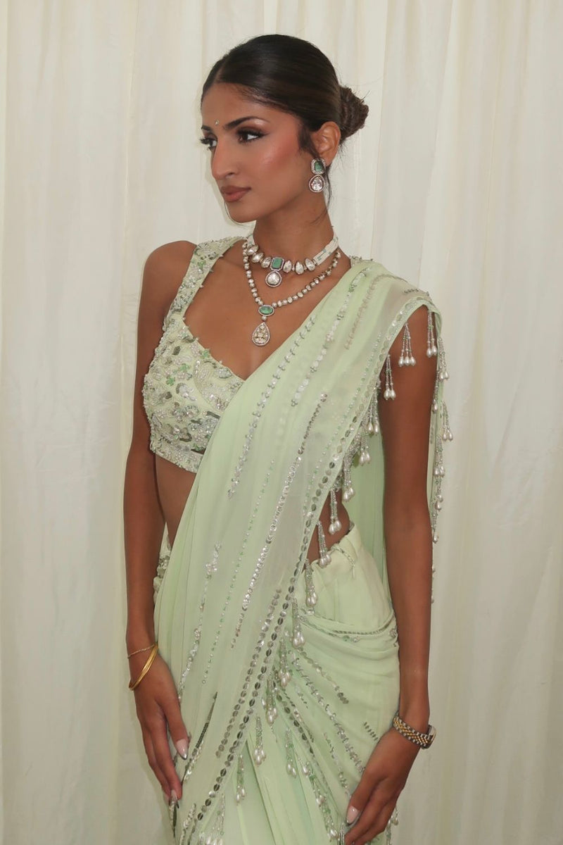 Kim Mann In Our Lime Green Stitched Saree