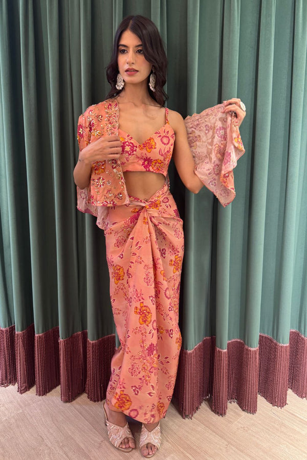 Pink Floral Printed Cape & Wrap Skirt Set