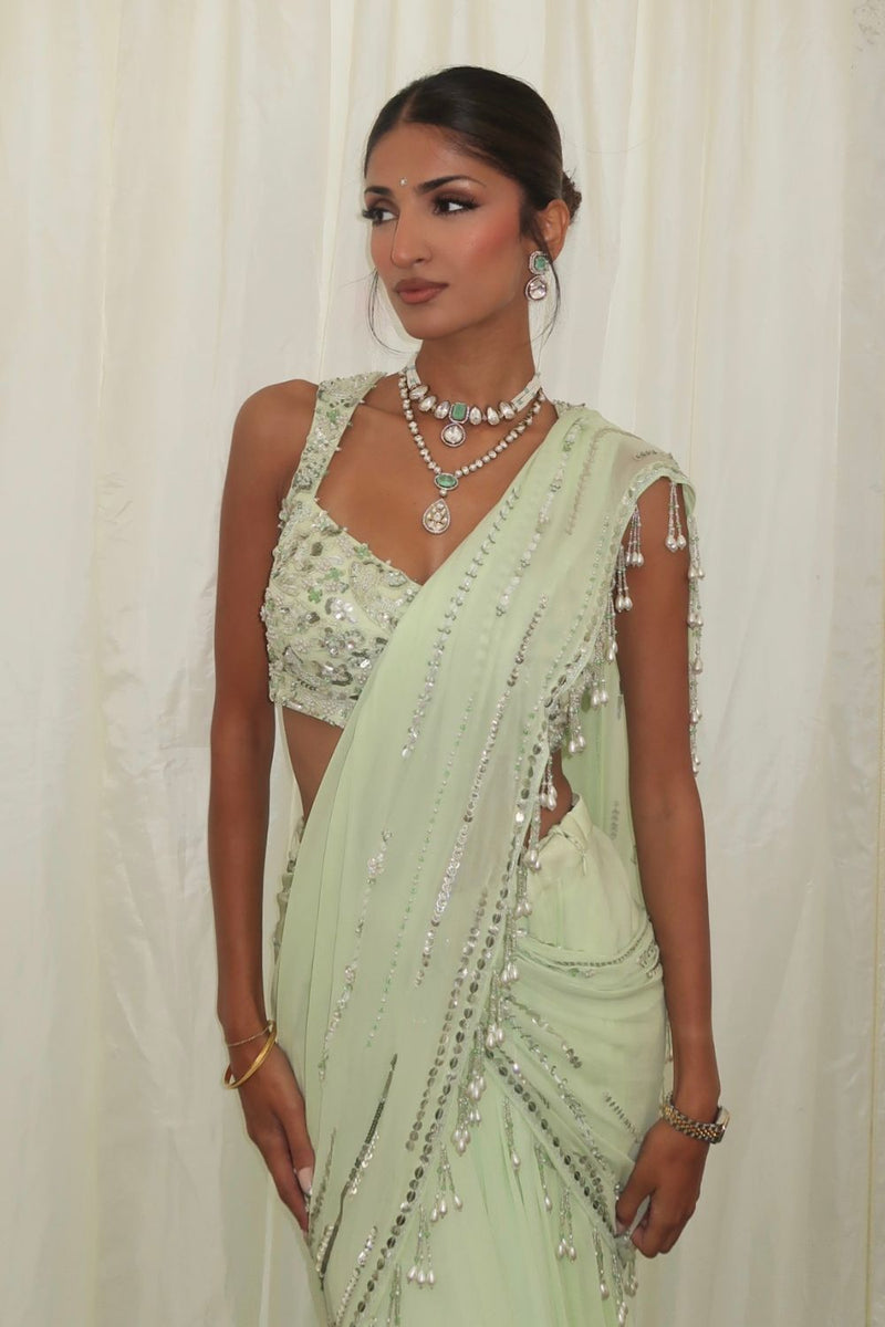 Kim Mann In Our Lime Green Stitched Saree