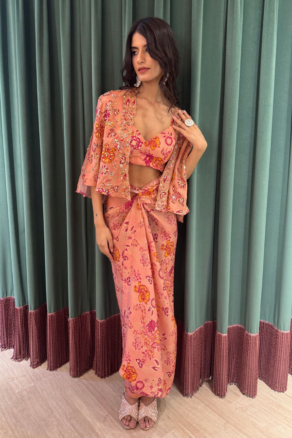 Pink Floral Printed Cape & Wrap Skirt Set