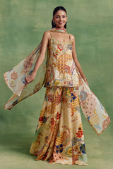 Ivory Boho Print Embroidered Kurta-Sharara Set