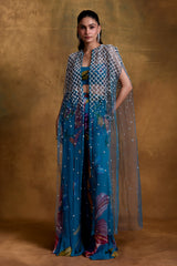 Teal Floral Print Bustier, Sharara and Cape Set