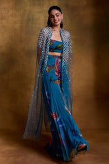 Teal Floral Print Bustier, Sharara and Cape Set