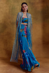 Teal Floral Print Bustier, Sharara and Cape Set