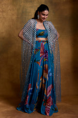 Teal Floral Print Bustier, Sharara and Cape Set