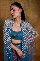 Teal Floral Print Bustier, Sharara and Cape Set