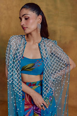 Teal Floral Print Bustier, Sharara and Cape Set