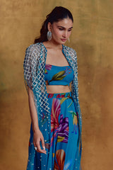 Teal Floral Print Bustier, Sharara and Cape Set