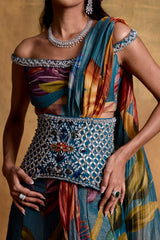 Teal Floral Print Sari with Corset
