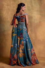 Teal Floral Print Sari with Corset