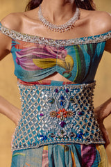 Teal Floral Print Sari with Corset