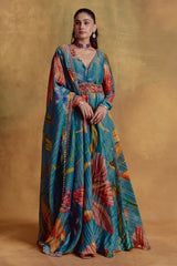 Teal Floral Print Anarkali Set