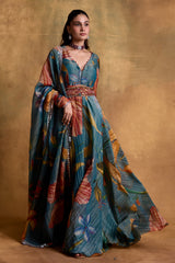 Teal Floral Print Anarkali Set