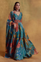 Teal Floral Print Anarkali Set
