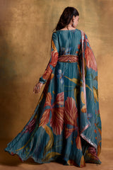 Teal Floral Print Anarkali Set