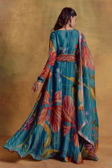 Teal Floral Print Anarkali Set
