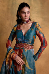 Teal Floral Print Anarkali Set