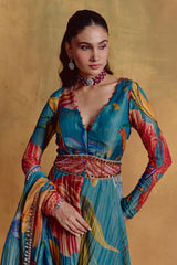Teal Floral Print Anarkali Set