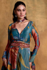 Teal Floral Print Anarkali Set