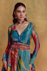 Teal Floral Print Anarkali Set