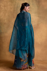 Teal Floral Print Draped Skirt and Cape Set