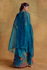 Teal Floral Print Draped Skirt and Cape Set