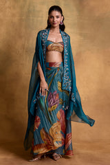 Teal Floral Print Draped Skirt and Cape Set