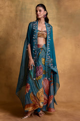 Teal Floral Print Draped Skirt and Cape Set