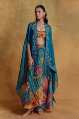 Teal Floral Print Draped Skirt and Cape Set