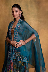 Teal Floral Print Draped Skirt and Cape Set