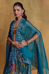 Teal Floral Print Draped Skirt and Cape Set
