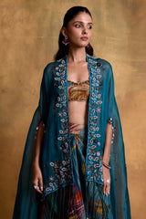 Teal Floral Print Draped Skirt and Cape Set