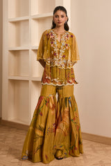 Olive Green Floral Printed Cape and Sharara Set