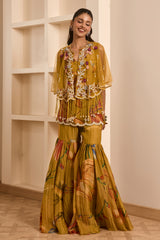 Olive Green Floral Printed Cape and Sharara Set