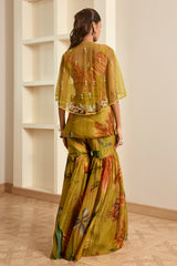 Olive Green Floral Printed Cape and Sharara Set