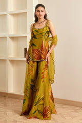 Olive Green Floral Print Kurta-Sharara Set