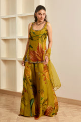 Olive Green Floral Print Kurta-Sharara Set